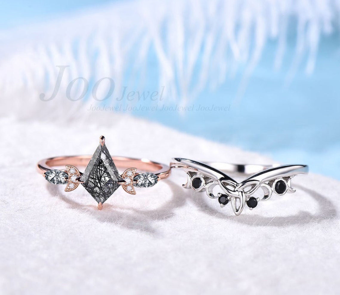 Celestial Engagement Ring Triple Moon Goddess Natural Black Rutilated Quartz Ring Rose Gold Kite Black Wedding Bridal Set Moon Phase Ring