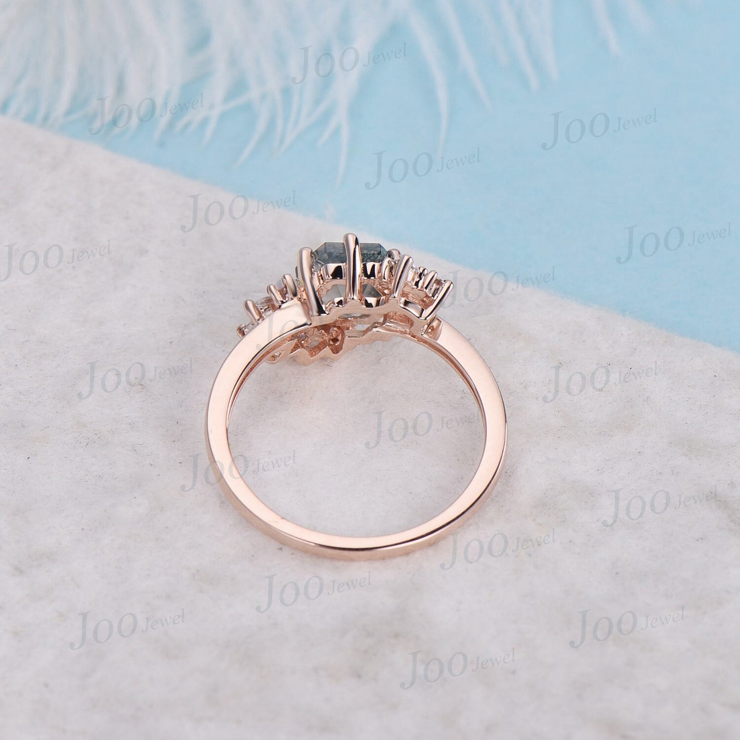 Hexagon Cluster Natural Green Moss Agate Engagement Ring 14k Rose Gold Moissanite White Opal Wedding Ring October Birthstone Birthday Gifts
