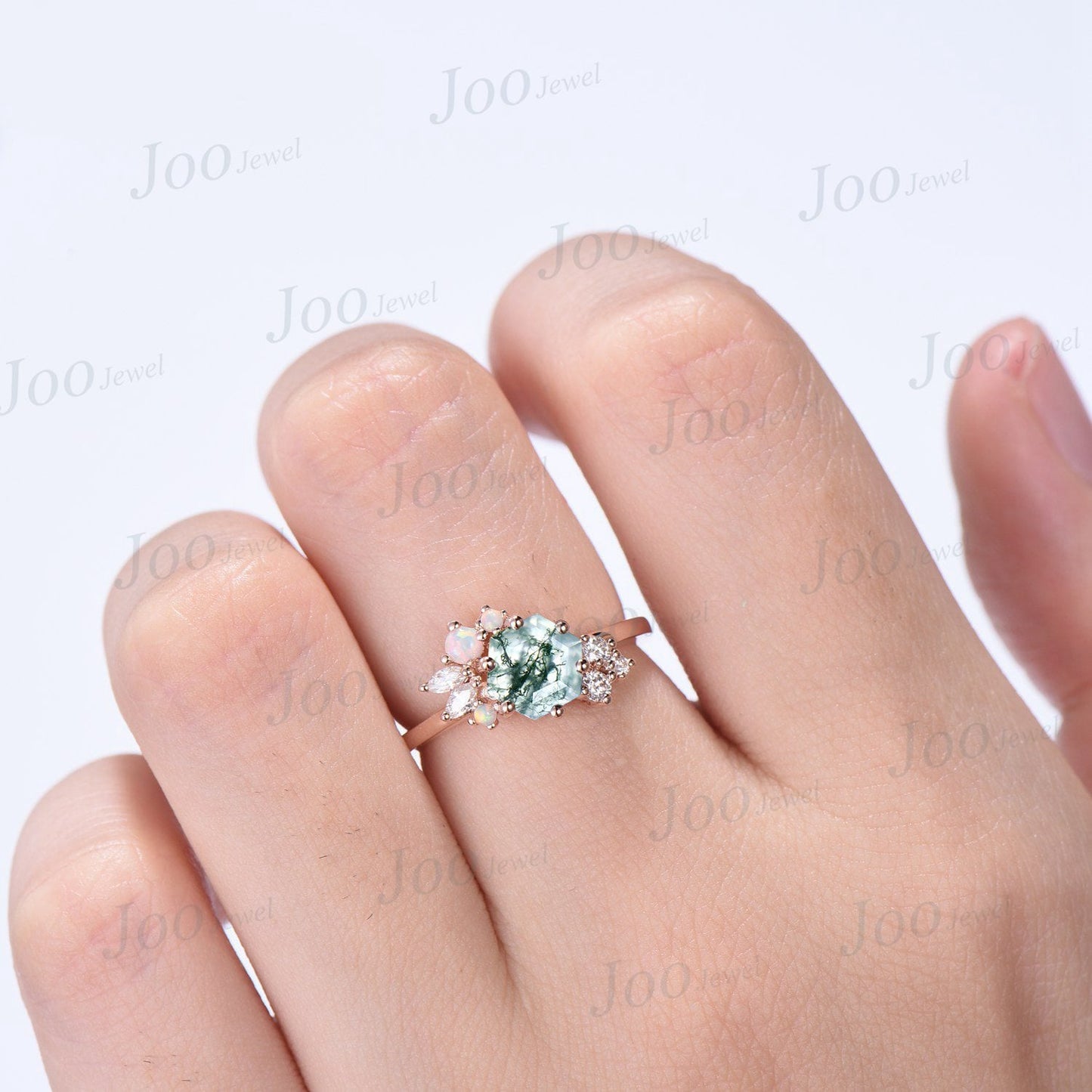 Hexagon Cluster Natural Green Moss Agate Engagement Ring 14k Rose Gold Moissanite White Opal Wedding Ring October Birthstone Birthday Gifts