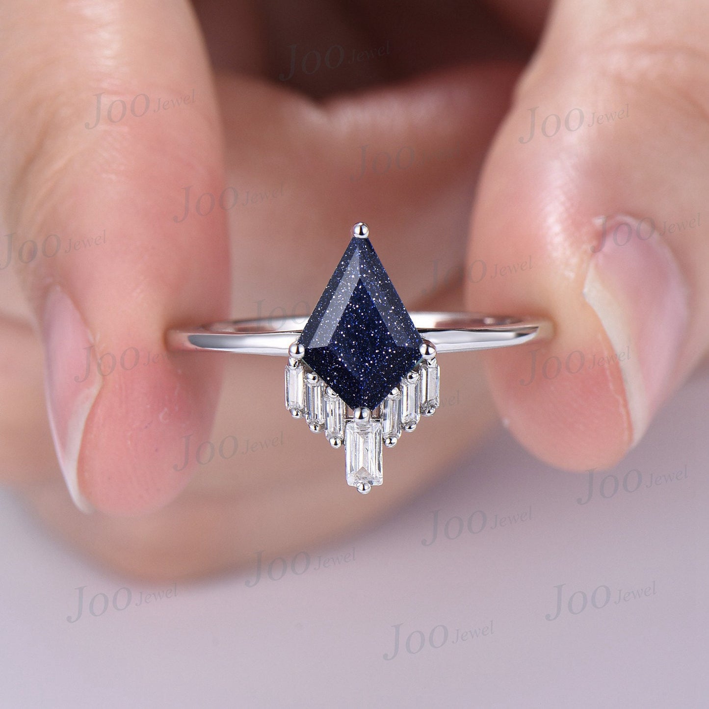 Kite Starry Sky Blue Sandstone Engagement Ring Set Vintage Kite Ring Set 10K Yellow Gold Unique Blue Bridal Ring Art Deco Curve Wedding Band