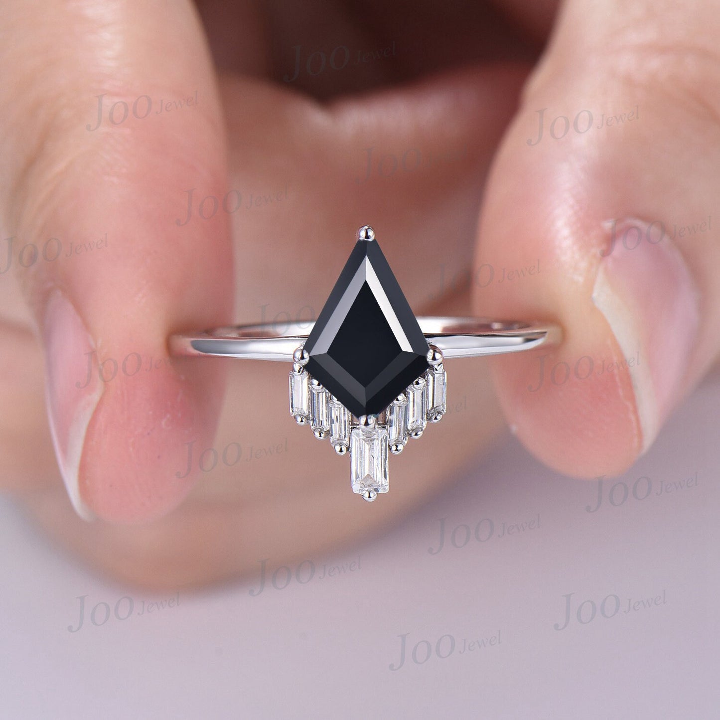 Kite Natural Black Onyx Engagement Ring Set Vintage Kite Ring Set 10K Yellow Gold Unique Gothic Black Bridal Set Art Deco Curve Wedding Band