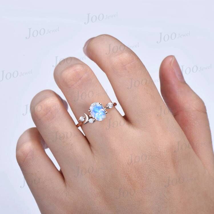 Crescent Moon Goddess Moonstone Ring,Moon of My Life,My Sun and Stars,Moonstone Engagement Ring,Celestial Opal Wedding Ring ,14K Rose Gold