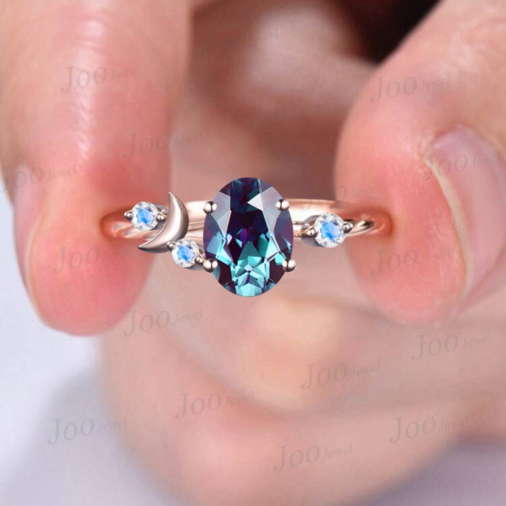 Moon Engagement Ring 10K Rose Gold Oval Cut Color-Change Alexandrite Ring Cluster Moonstone Celestial Wedding Ring Half Moon Moon Magic Ring