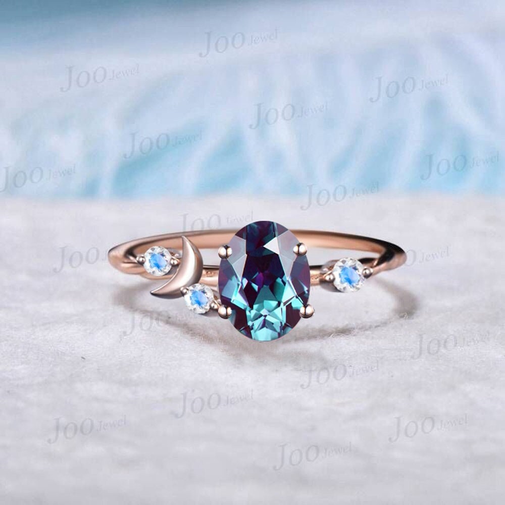 Moon Engagement Ring 10K Rose Gold Oval Cut Color-Change Alexandrite Ring Cluster Moonstone Celestial Wedding Ring Half Moon Moon Magic Ring