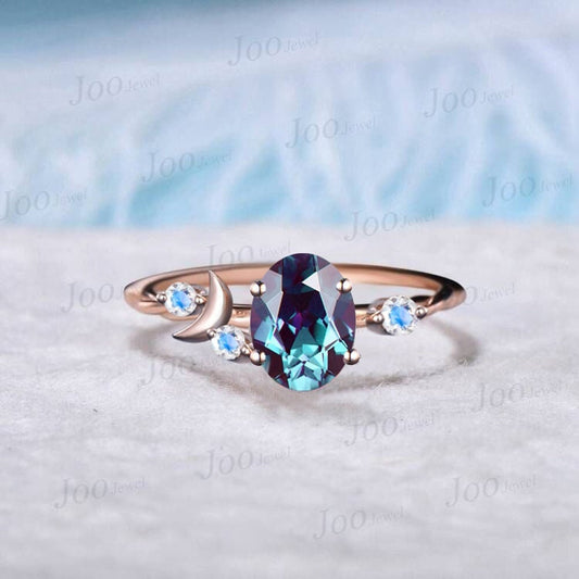 Moon Engagement Ring 10K Rose Gold Oval Cut Color-Change Alexandrite Ring Cluster Moonstone Celestial Wedding Ring Half Moon Moon Magic Ring