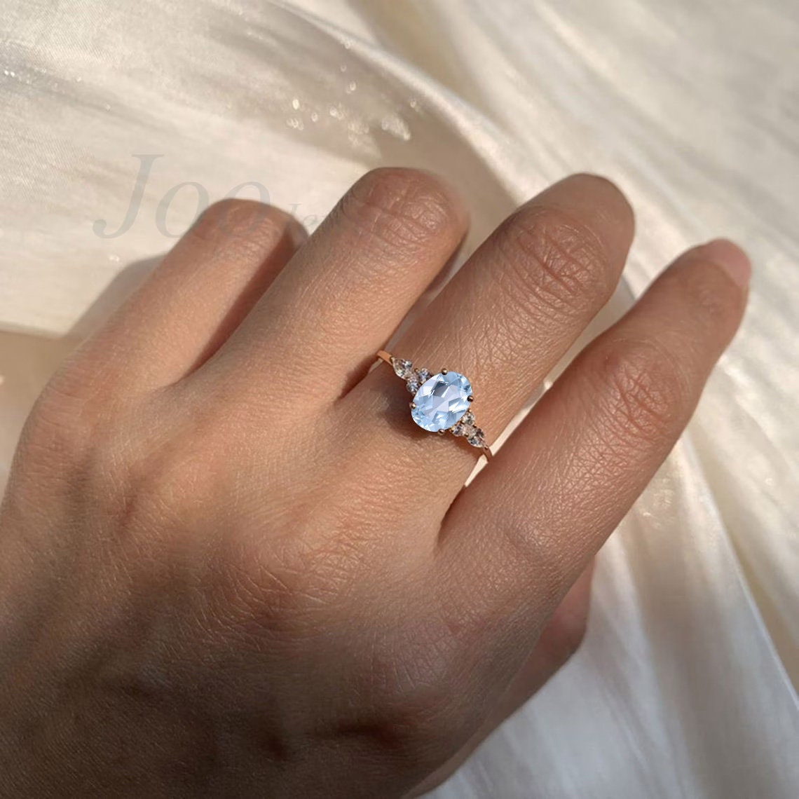 1.5ct Oval Cut Natural Aquamarine Engagement Ring Vintage Unique Marquise Cut Cluster Moissanite Ring Solid 14K/10K Rose Gold Wedding Gift