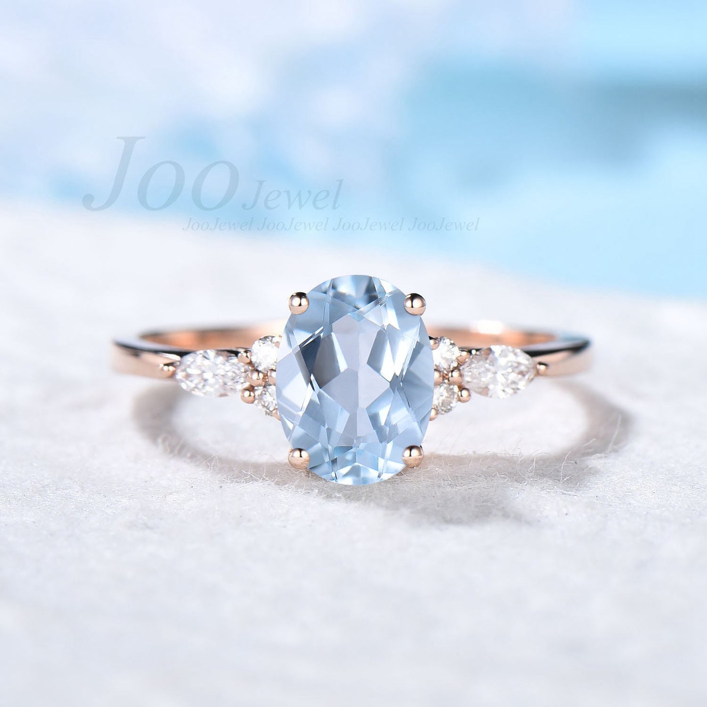 1.5ct Oval Cut Natural Aquamarine Engagement Ring Vintage Unique Marquise Cut Cluster Moissanite Ring Solid 14K/10K Rose Gold Wedding Gift