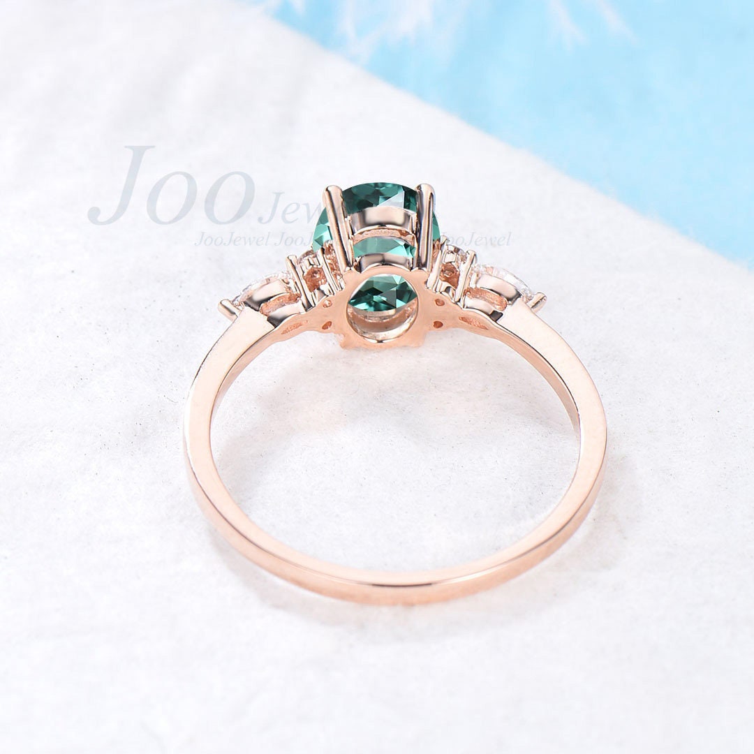 1.5ct Green Sapphire Engagement Ring Vintage Oval Cut Green Sapphire Ring Anniversary Ring Cluster Promise Rings Teal Sapphire Bridal Ring