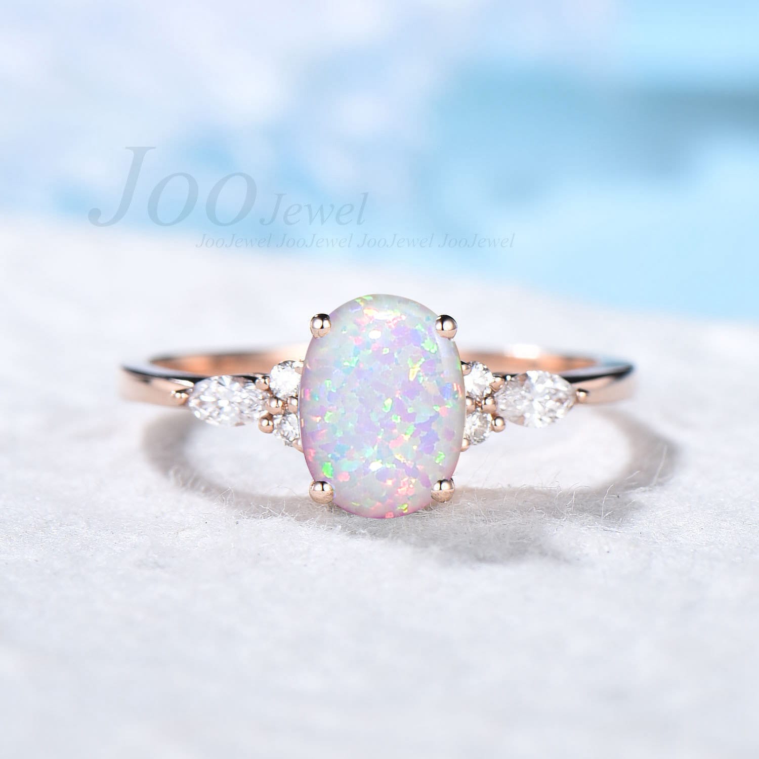 Opal Engagement Ring Vintage Rose Gold Wedding Ring Sterling Sil