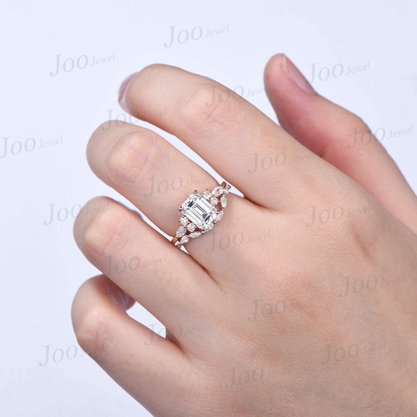 Emerald Cut Moissanite Engagement Ring Set Vintage Unique Moissanite Bridal Set 10K Rose Gold Cluster Diamond Wedding Ring Pear Curved Band
