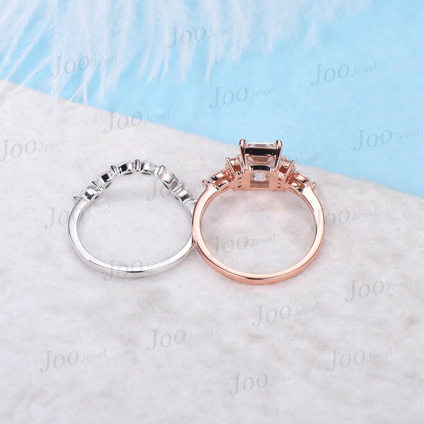 Emerald Cut Moissanite Engagement Ring Set Vintage Unique Moissanite Bridal Set 10K Rose Gold Cluster Diamond Wedding Ring Pear Curved Band