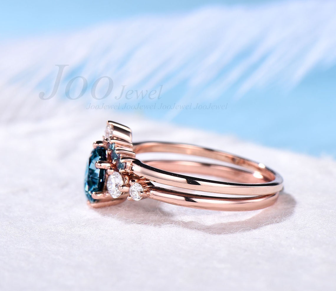 Unique Starry Sky Blue Star Sapphire Engagement Ring Set Alexandrite Wedding Band Moissanite Star Blue Bridal Set Sapphire Cabochon Ring