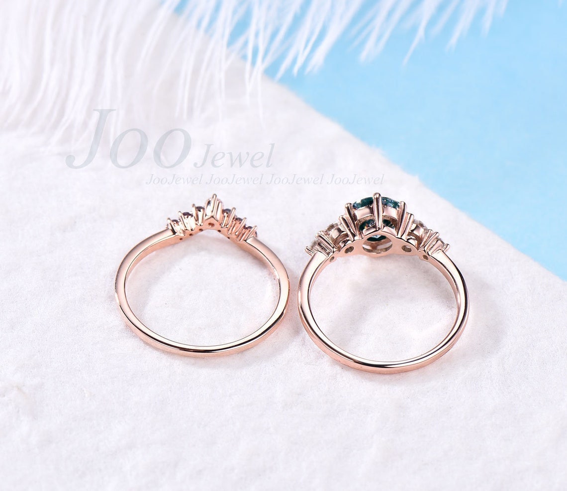 Unique Starry Sky Blue Star Sapphire Engagement Ring Set Alexandrite Wedding Band Moissanite Star Blue Bridal Set Sapphire Cabochon Ring