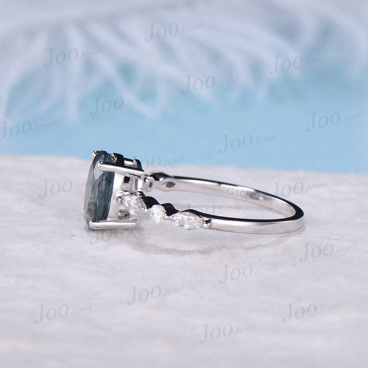 Half Eternity Moss Agate Engagement Ring 10K White Gold 2ct Oval Green Gemstone Ring Marquise Round Moissanite Wedding Ring Dainty Jewelry