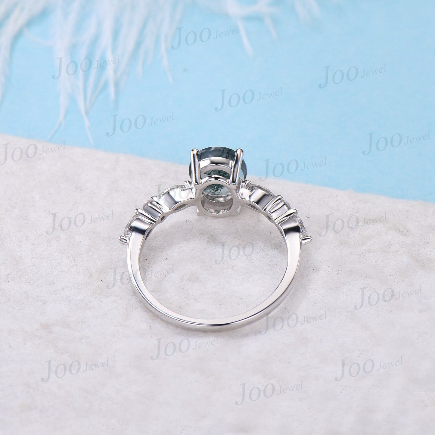 Half Eternity Moss Agate Engagement Ring 10K White Gold 2ct Oval Green Gemstone Ring Marquise Round Moissanite Wedding Ring Dainty Jewelry