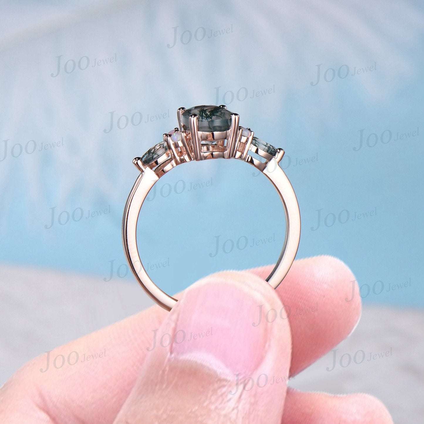 Opal Moss Agate Engagement Rings Rose Gold Silver 1.5ct Oval Cut Cluster Aquatic Agate Promise Ring Unique Marquise Moss Agate Wedding Ring