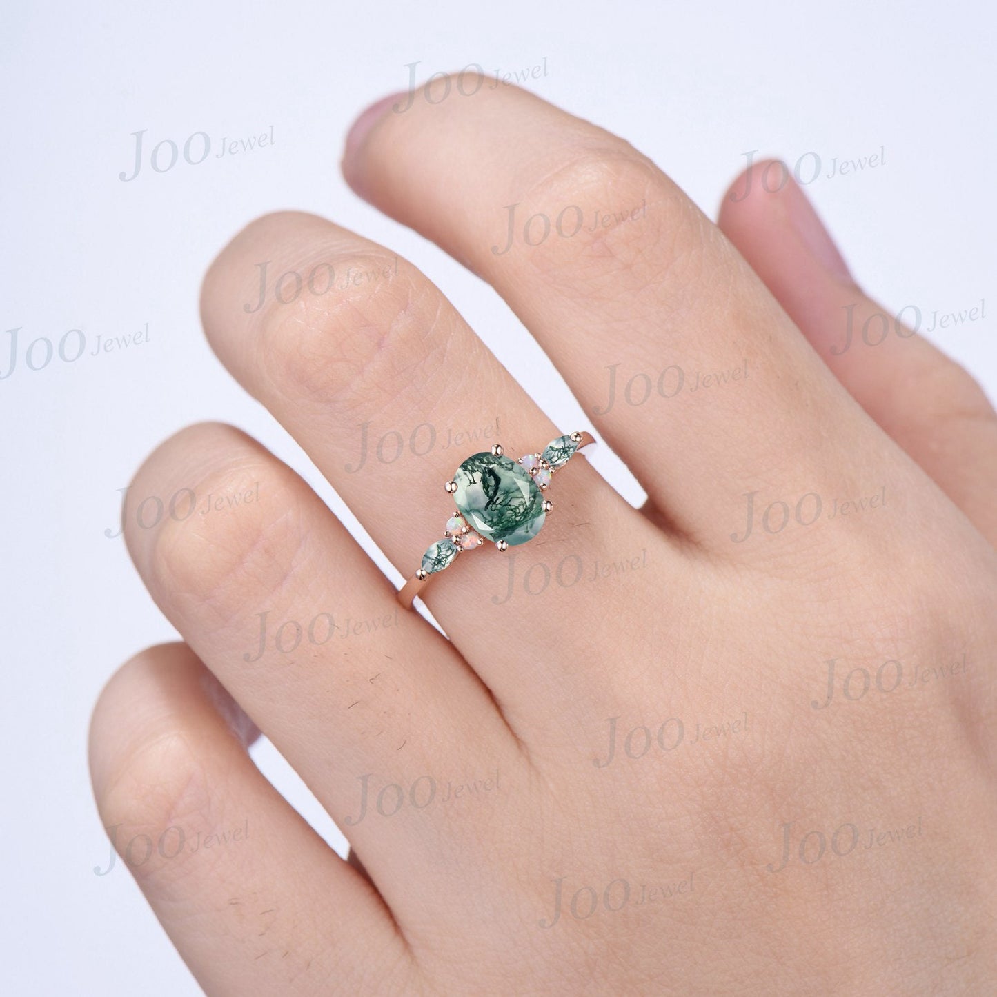 Opal Moss Agate Engagement Rings Rose Gold Silver 1.5ct Oval Cut Cluster Aquatic Agate Promise Ring Unique Marquise Moss Agate Wedding Ring