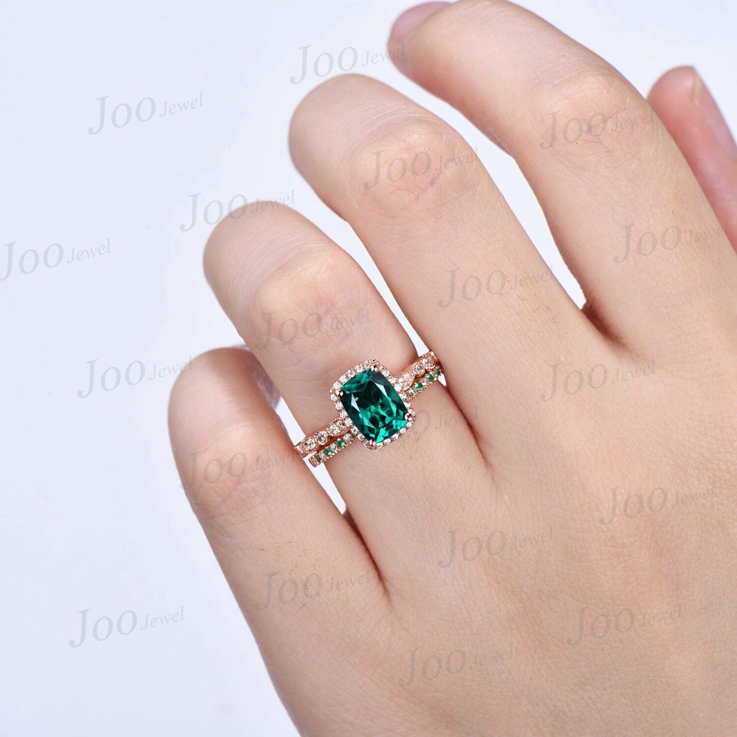 2pcs Emerald Cut Green Emerald Ring Set Halo Engagement Ring Set Half Eternity Band Moissanite Personalized Promise Ring Anniversary Gifts