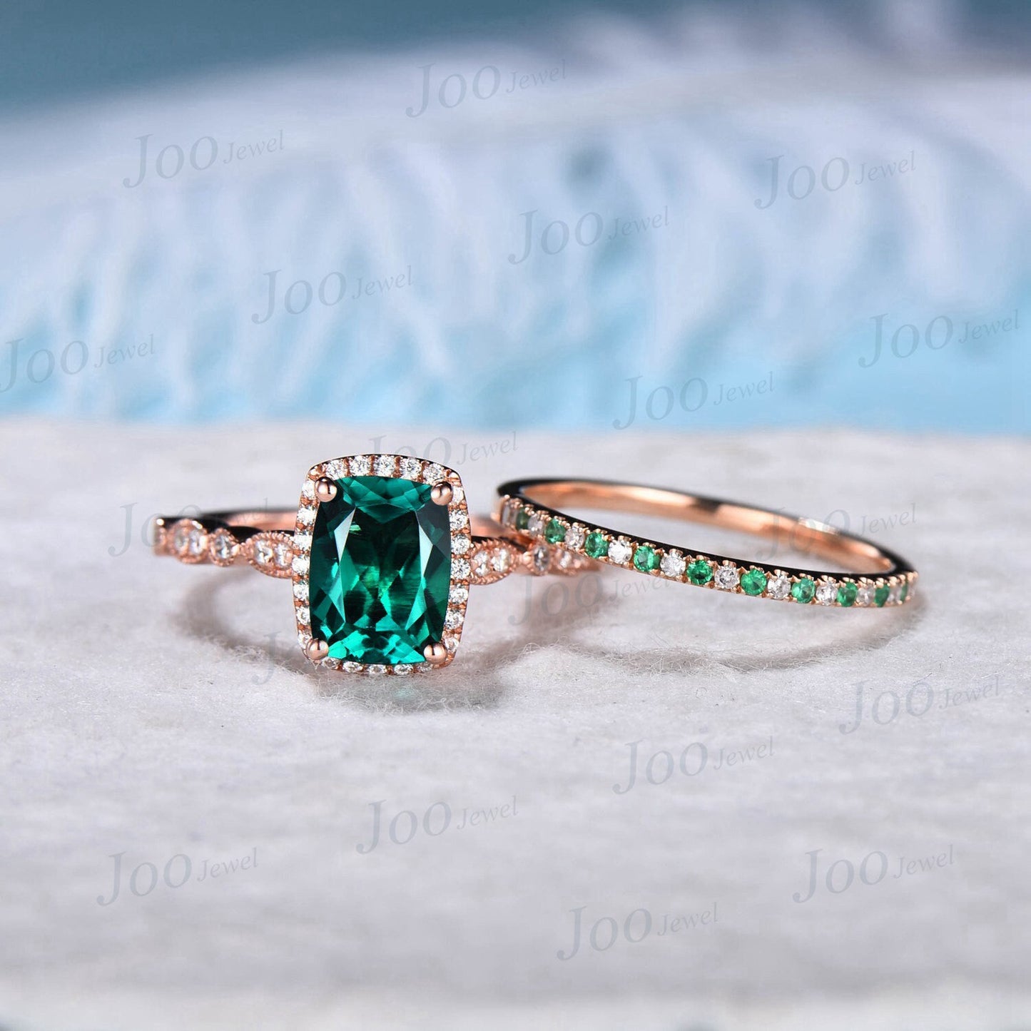 2pcs Emerald Cut Green Emerald Ring Set Halo Engagement Ring Set Half Eternity Band Moissanite Personalized Promise Ring Anniversary Gifts
