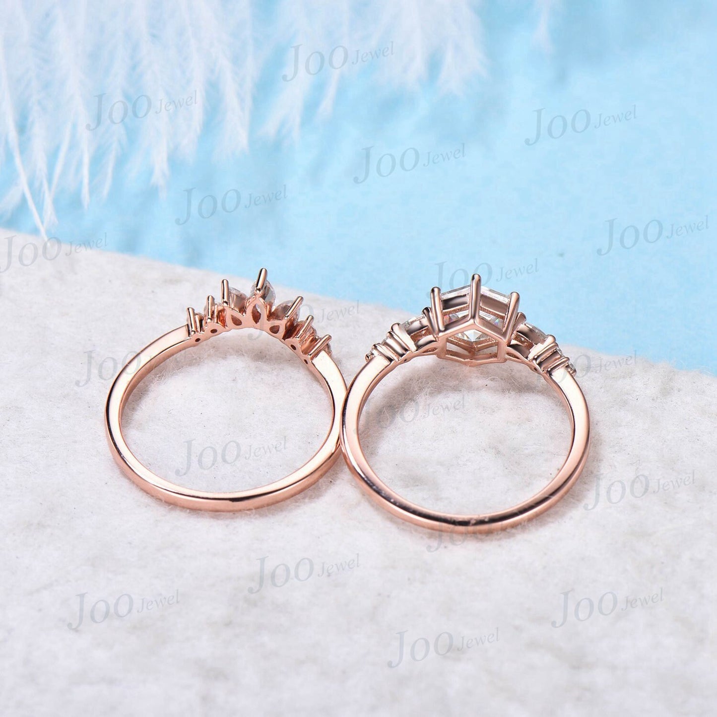 2pcs Emerald Cut Green Emerald Ring Set Halo Engagement Ring Set Half Eternity Band Moissanite Personalized Promise Ring Anniversary Gifts