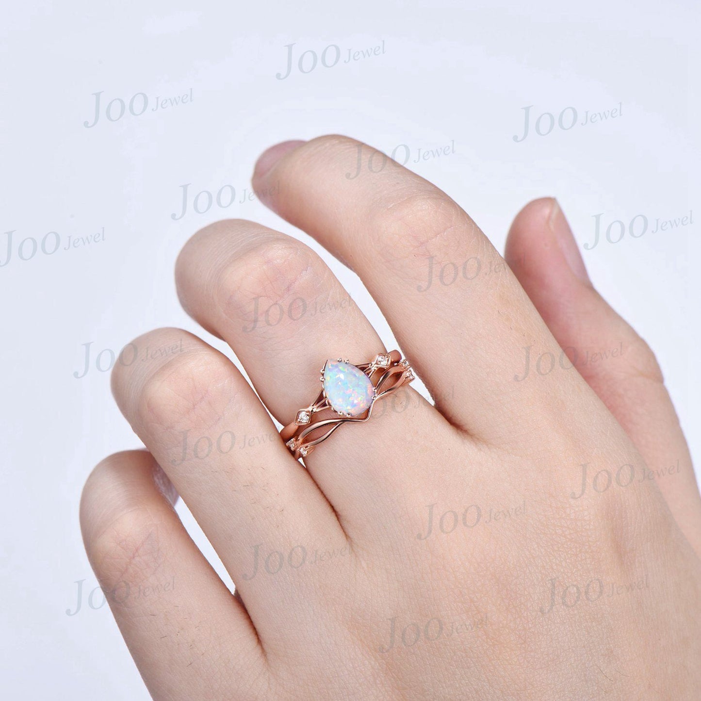 1.25ct Opal Engagement Ring Set Vintage Rose Gold Pear Shaped Opal Wedding Ring Unique October Birthstone Twig Vine Band Anniversary Gifts