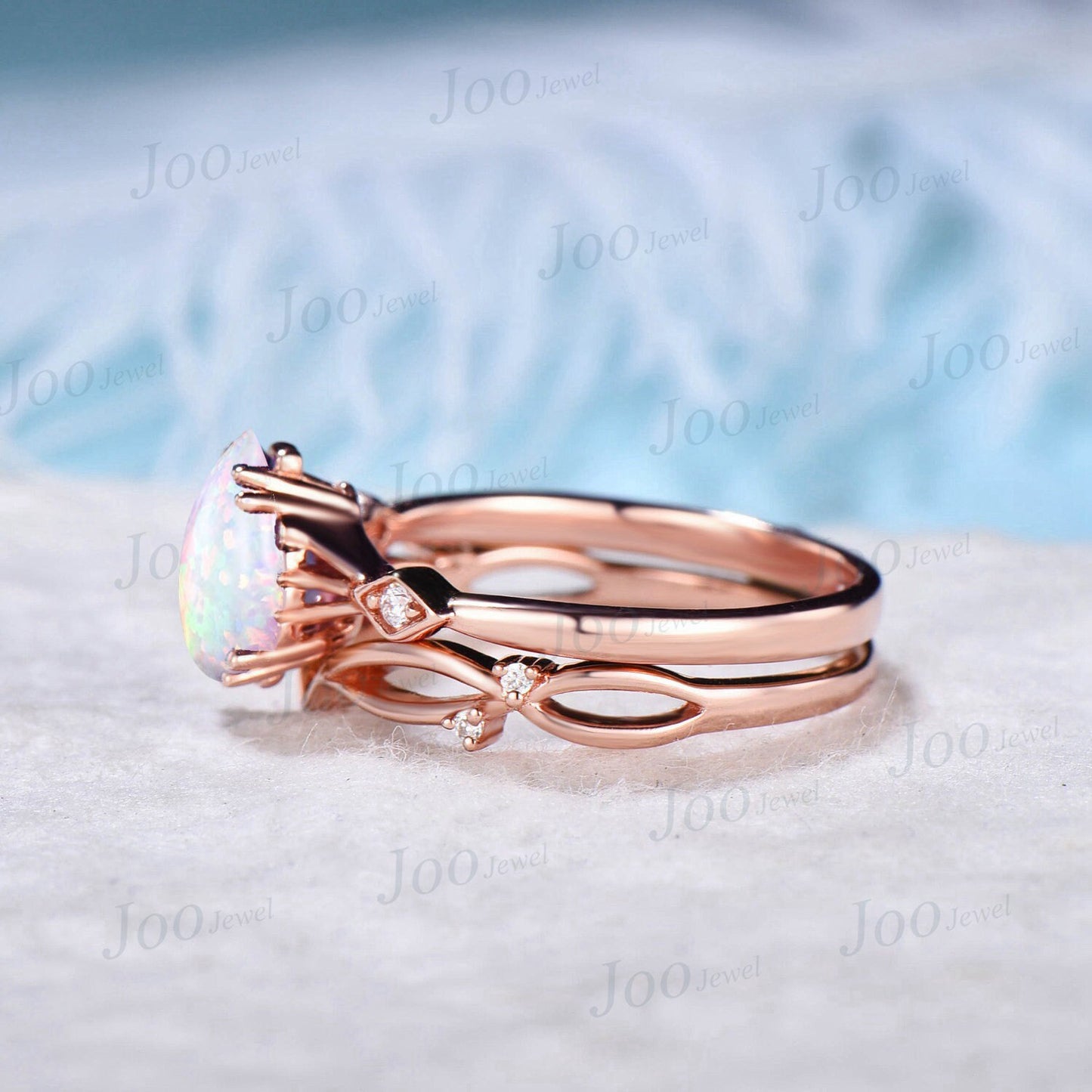 1.25ct Opal Engagement Ring Set Vintage Rose Gold Pear Shaped Opal Wedding Ring Unique October Birthstone Twig Vine Band Anniversary Gifts