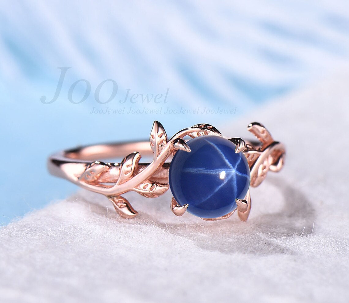Nature Inspired Starry Sky Star Sapphire Engagement Ring Round Cut Silver Leaf Blue Star Wedding Ring Personalized Unique Promise Gift Women