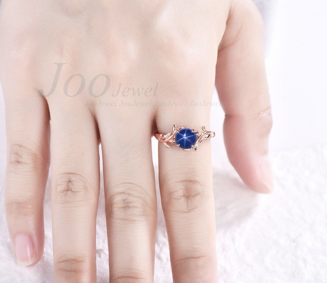 Nature Inspired Starry Sky Star Sapphire Engagement Ring Round Cut Silver Leaf Blue Star Wedding Ring Personalized Unique Promise Gift Women