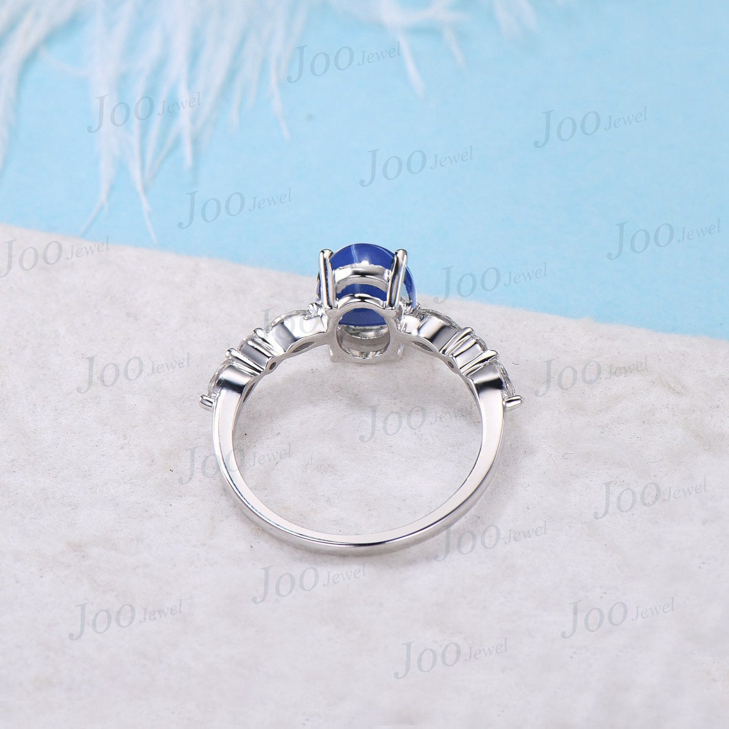 Half Eternity Star Sapphire Engagement Ring 10K White Gold 1.5ct Oval Star Blue Ring Marquise Round Moissanite Wedding Ring Dainty Jewelry