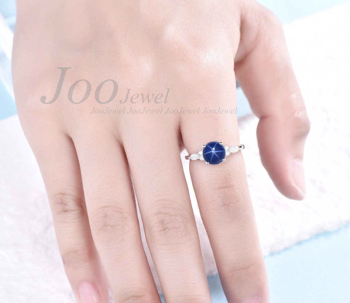 7mm Round Cut Star Sapphire Engagement Ring Sterling Silver Cabochon Blue Star Wedding Ring Blue Gemstone Jewelry Unique Promise Gift Women