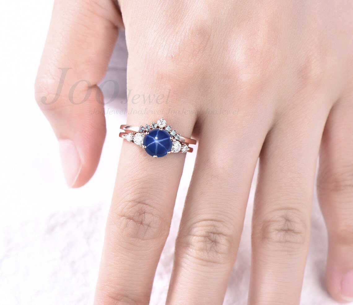 Unique Starry Sky Blue Star Sapphire Engagement Ring Set Alexandrite Wedding Band Moissanite Star Blue Bridal Set Sapphire Cabochon Ring
