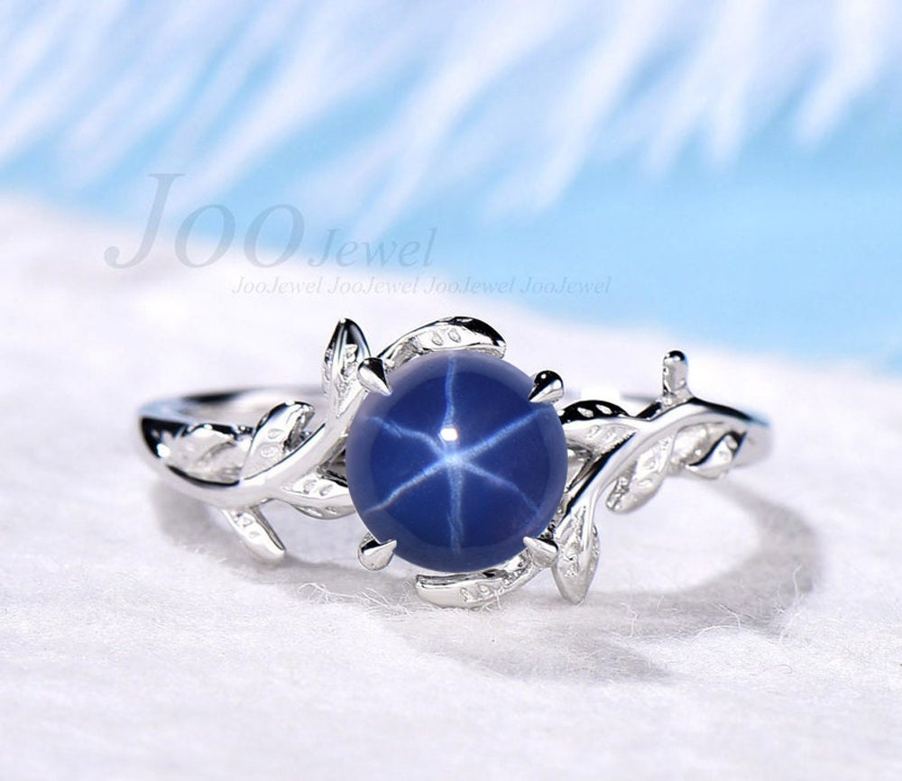 Nature Inspired Starry Sky Star Sapphire Engagement Ring Round Cut Silver Leaf Blue Star Wedding Ring Personalized Unique Promise Gift Women