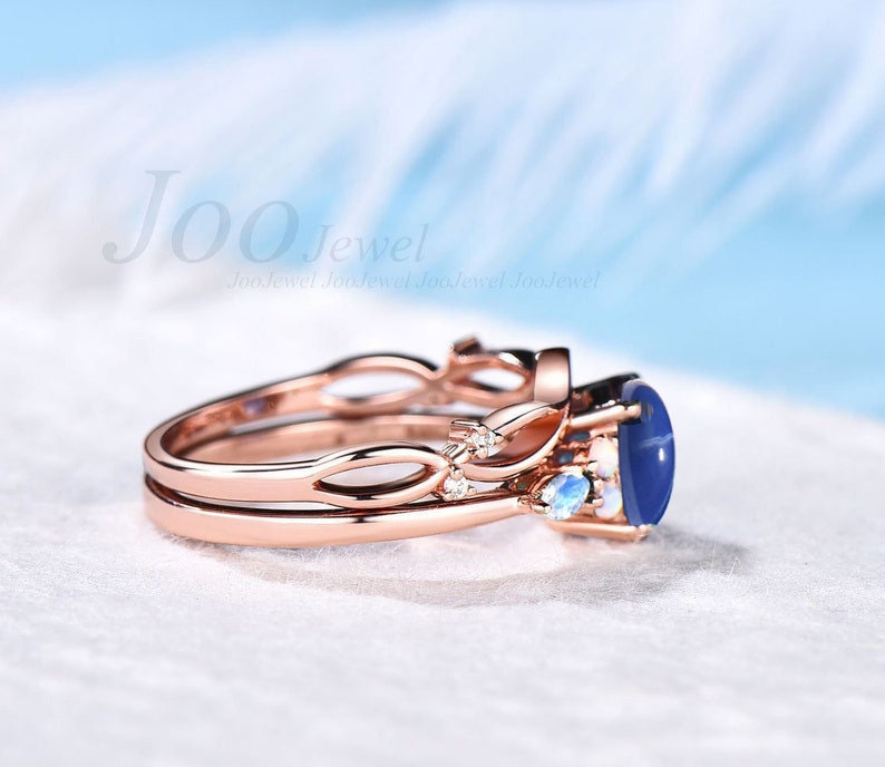 7mm Round Starry Sky Blue Star Sapphire Engagement Ring Moonstone Opal Wedding Ring Cabochon Lindy Star Bridal Set Elvish Vine Promise Band