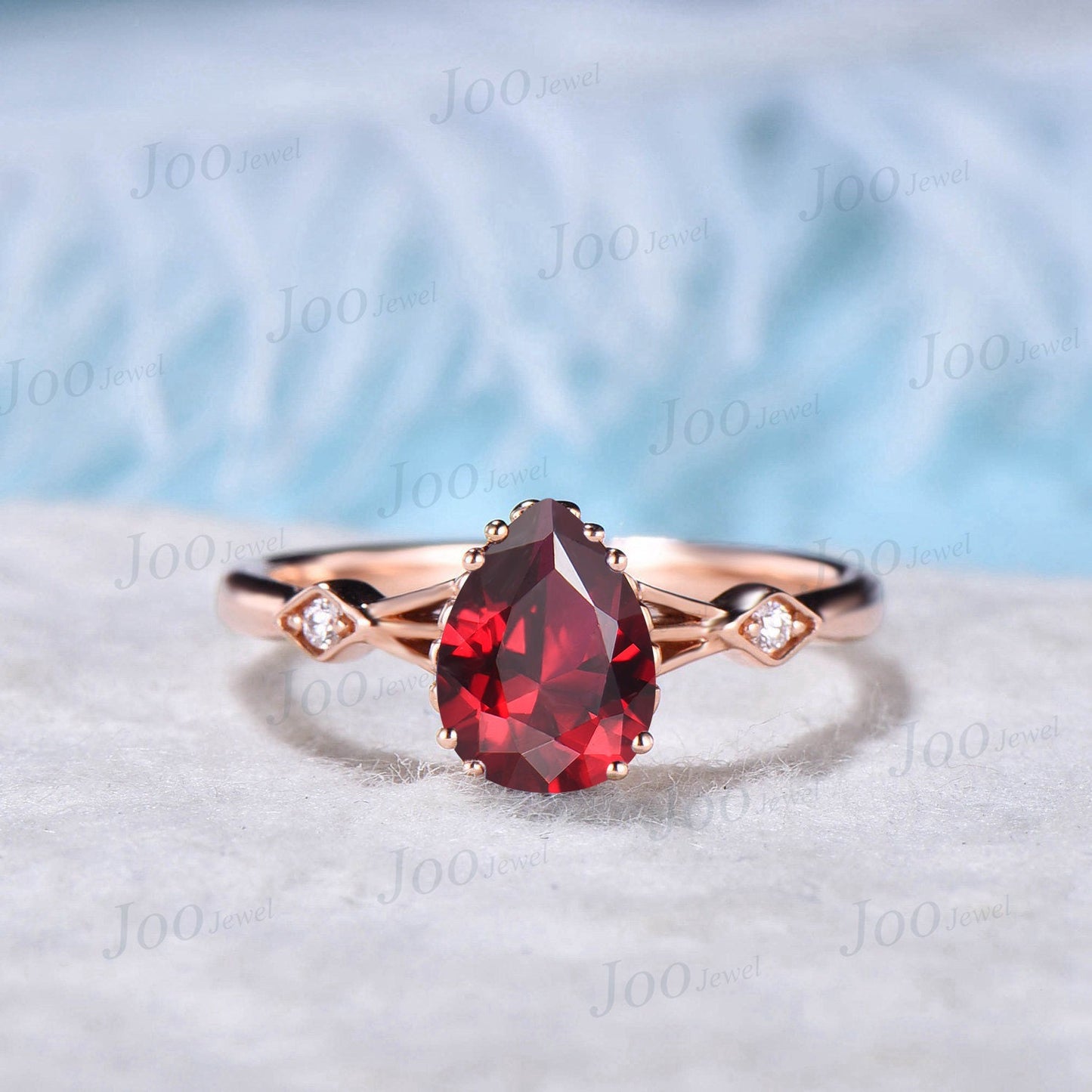 1.25ct Pear Shaped Ruby Gemstone Jewelry 10K Rose Gold Twig Vine Red Ruby Engagement Ring Set Vintage Anniversary Ring July Birthstone Gift