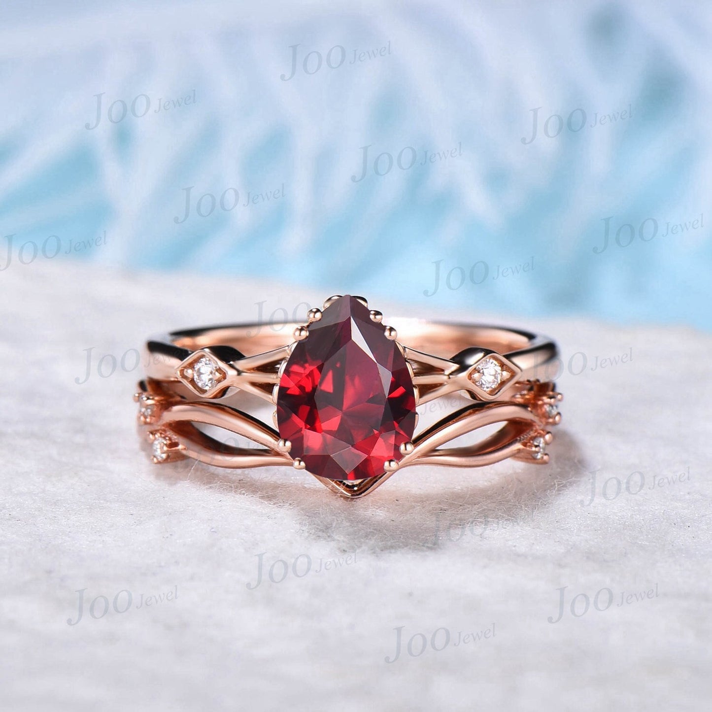 1.25ct Pear Shaped Ruby Gemstone Jewelry 10K Rose Gold Twig Vine Red Ruby Engagement Ring Set Vintage Anniversary Ring July Birthstone Gift