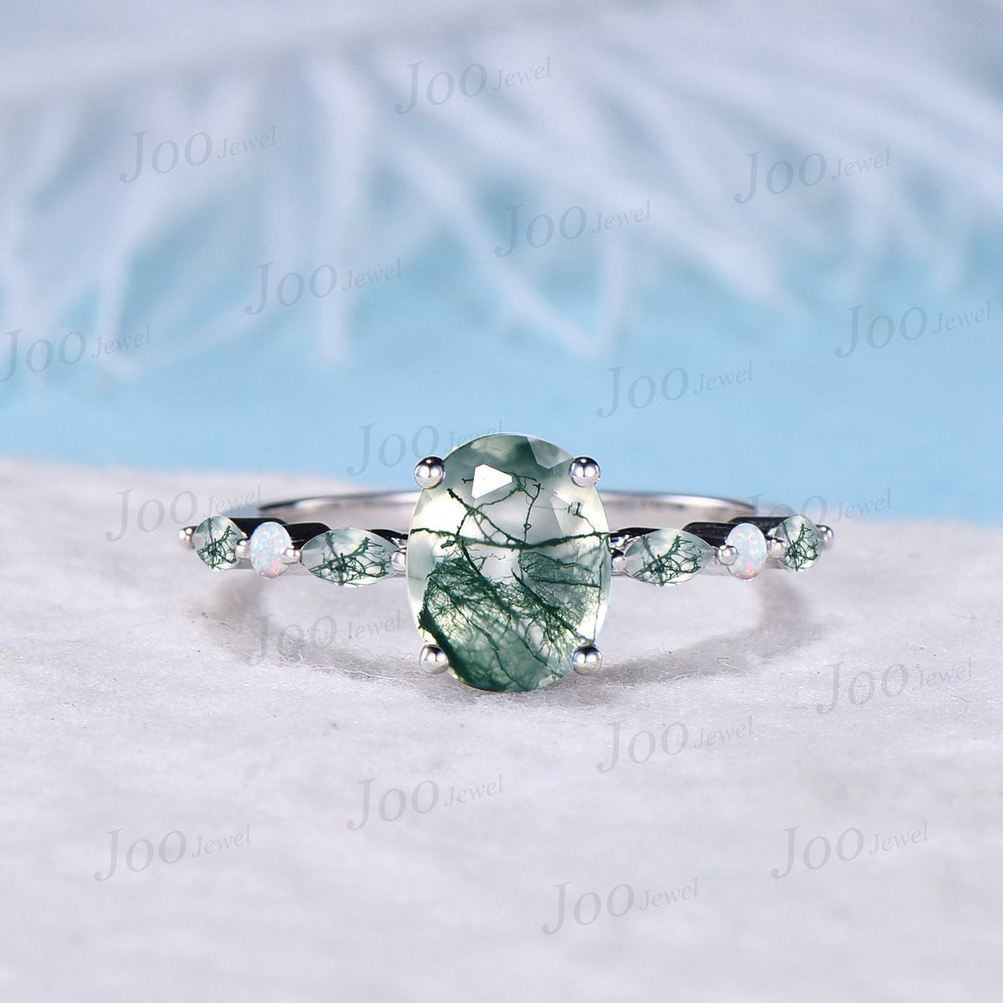 Half Eternity Moss Agate Engagement Ring 10K White Gold 2ct Oval Natural Green Moss Agate Ring Unique Moss Opal Wedding Ring Platinum Ring