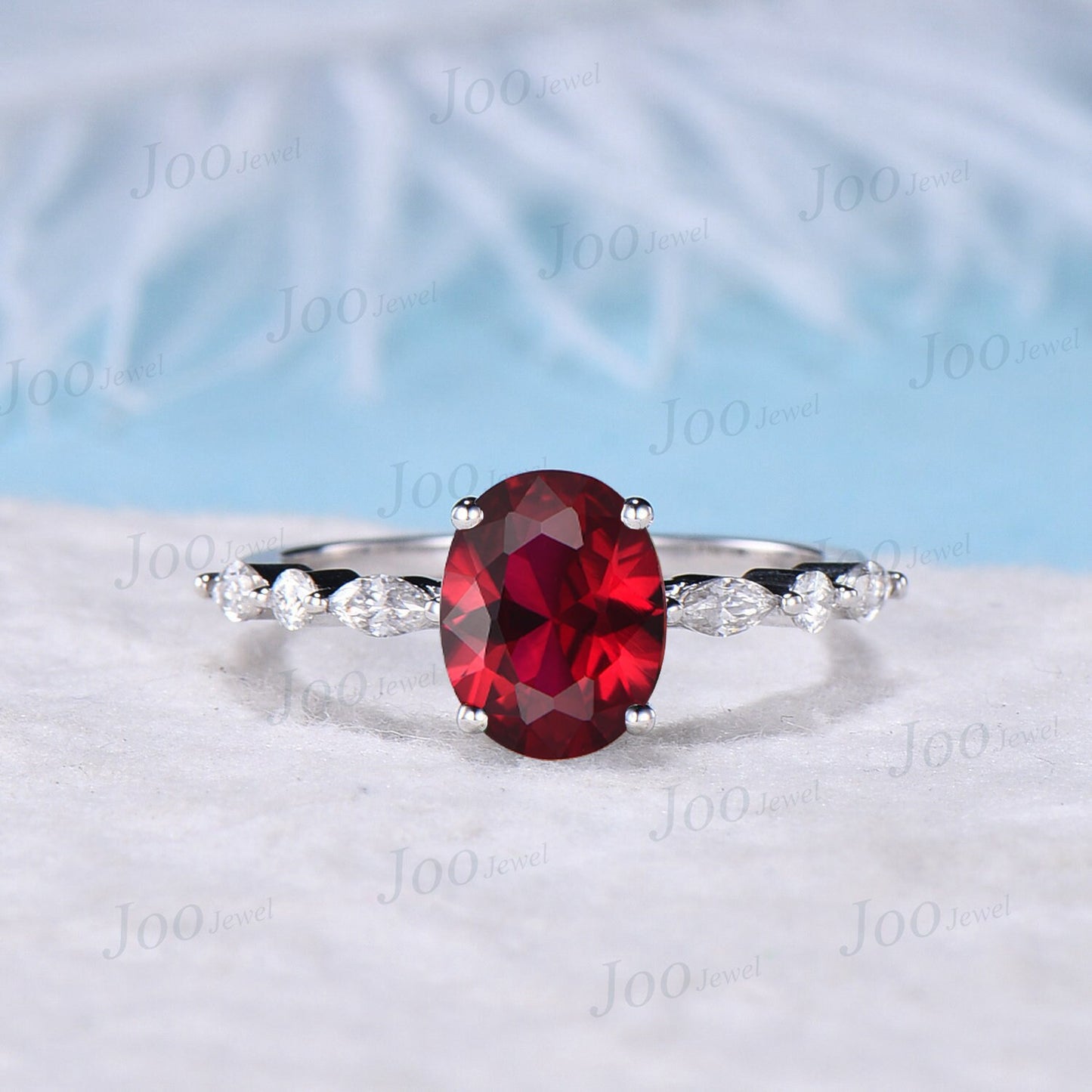 2ct Oval Cut Ruby Gemstone Jewelry 10K White Gold Half Eternity Red Ruby Engagement Rings Platinum Anniversary Ring July Birthstone Gifts