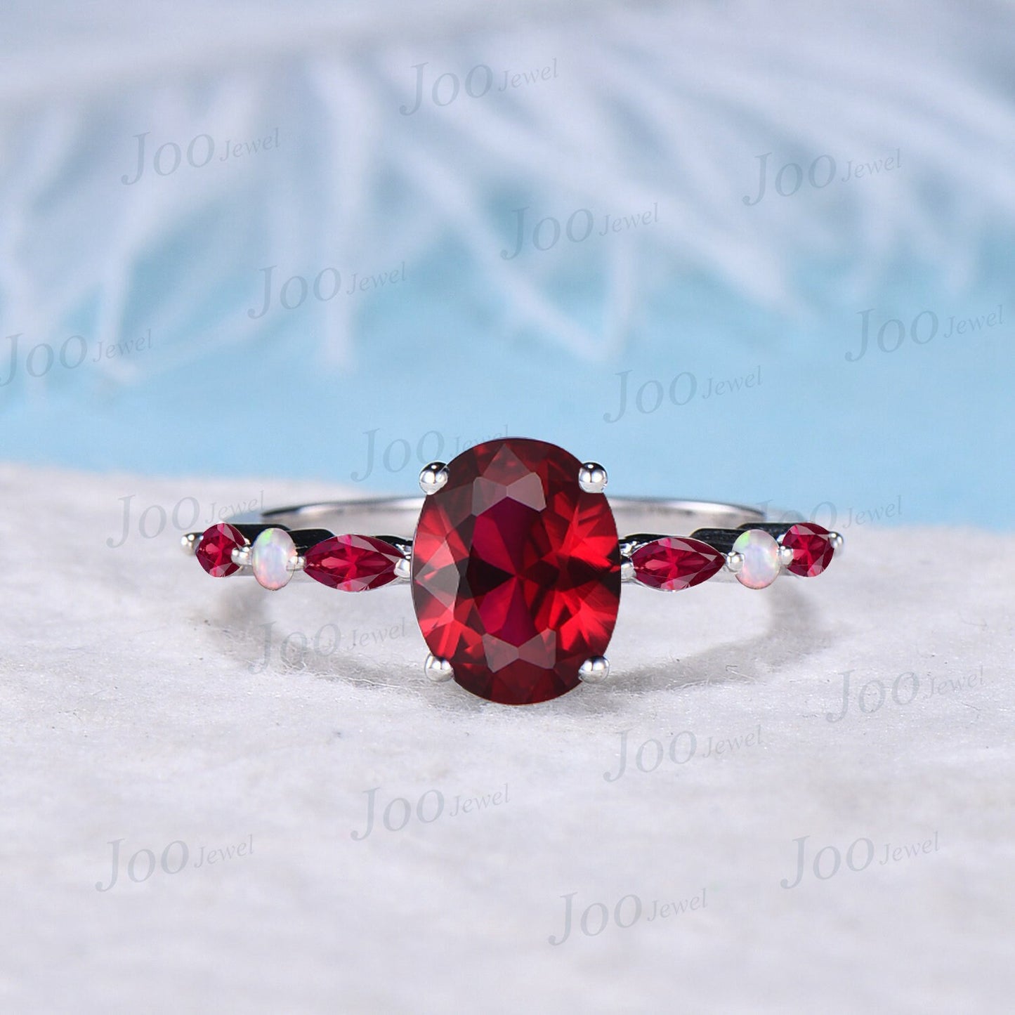 2ct Oval Cut Ruby Gemstone Jewelry 10K White Gold Half Eternity Red Ruby Engagement Rings Platinum Anniversary Ring July Birthstone Gifts