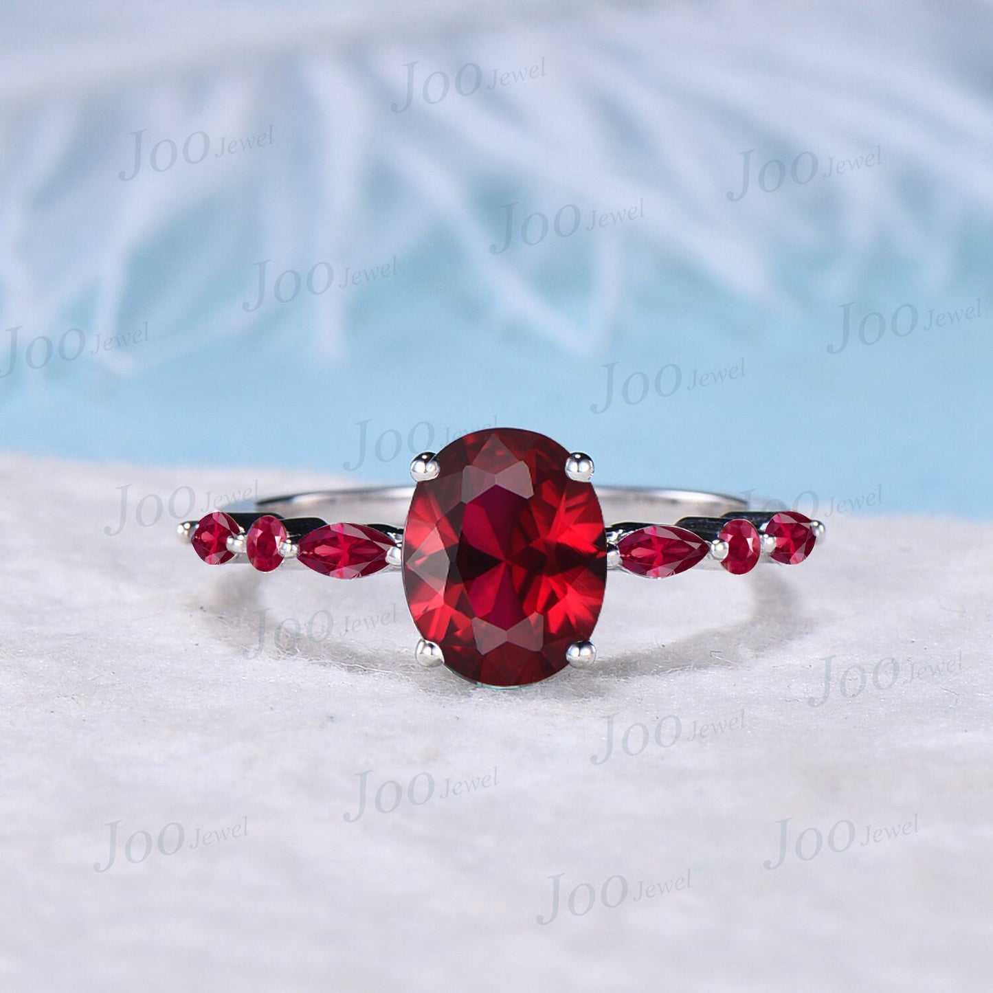 2ct Oval Cut Ruby Gemstone Jewelry 10K White Gold Half Eternity Red Ruby Engagement Rings Platinum Anniversary Ring July Birthstone Gifts