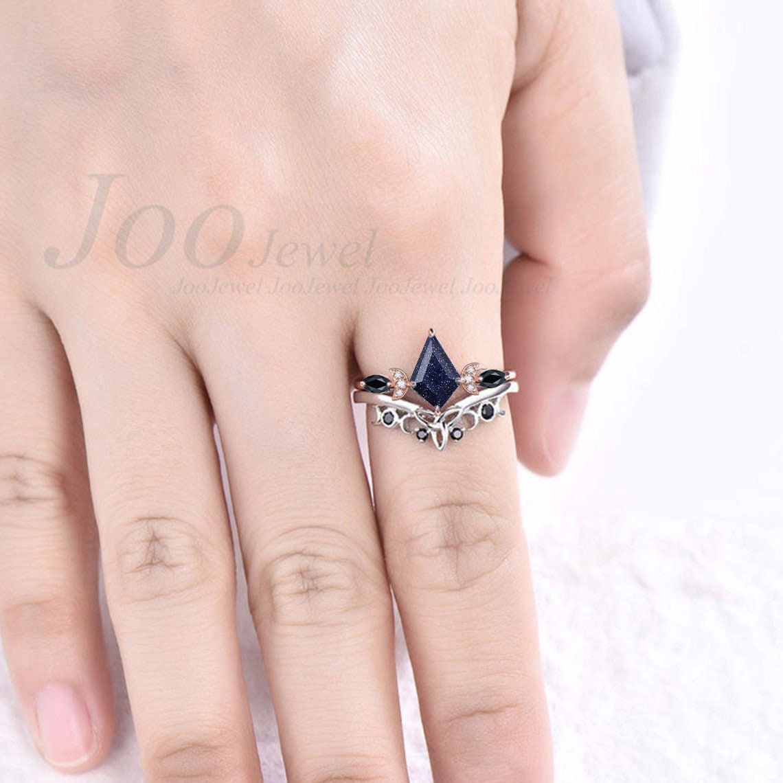 1ct Kite Cut Blue Sandstone Celestial Engagement Ring Triple Moon Goddess Ring 10K Rose Gold Black Bridal Set Blue Goldstone Moon Phase Ring