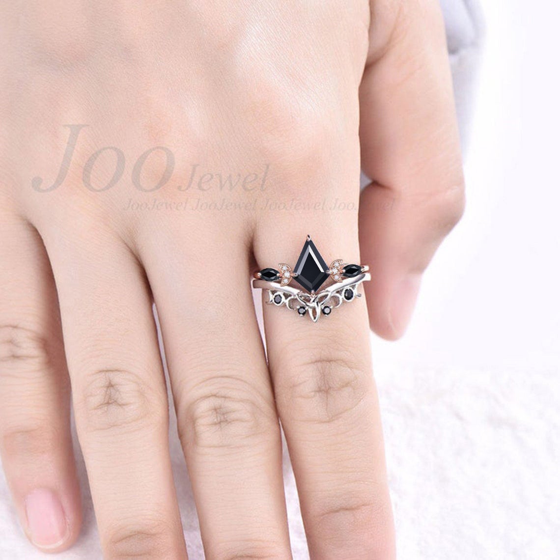 Kite Cut Natural Black Onyx Celestial Engagement Ring Set Triple Moon Goddess Ring Black Bridal Set Celtic Knot Irish Ring Moon Phase Ring