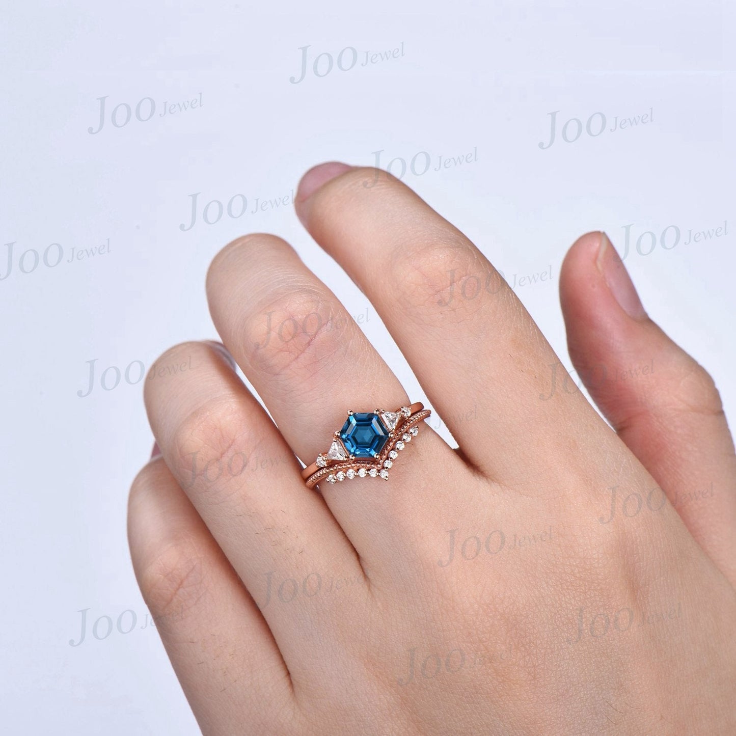 Hexagon Cut London Blue Topaz Engagement Ring Set 10K Rose Gold 1ct Blue Topaz Wedding Ring Set December Birthstone Moissanite Promise Ring