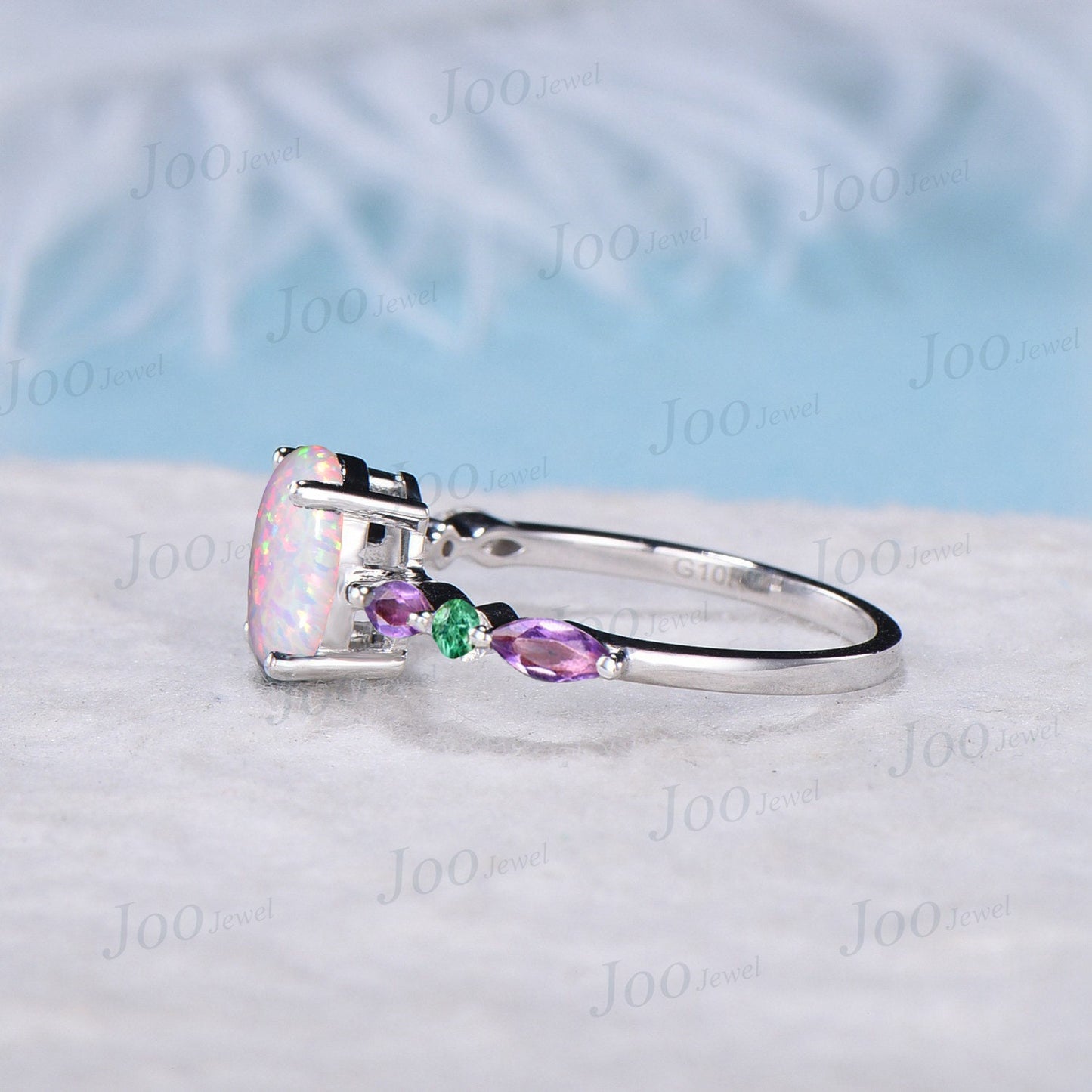 2ct Oval White Opal Engagement Ring Half Eternity Band Opal and Emerald Amethyst Wedding Ring Unique Anniversary Birthday Gift Platinum Ring
