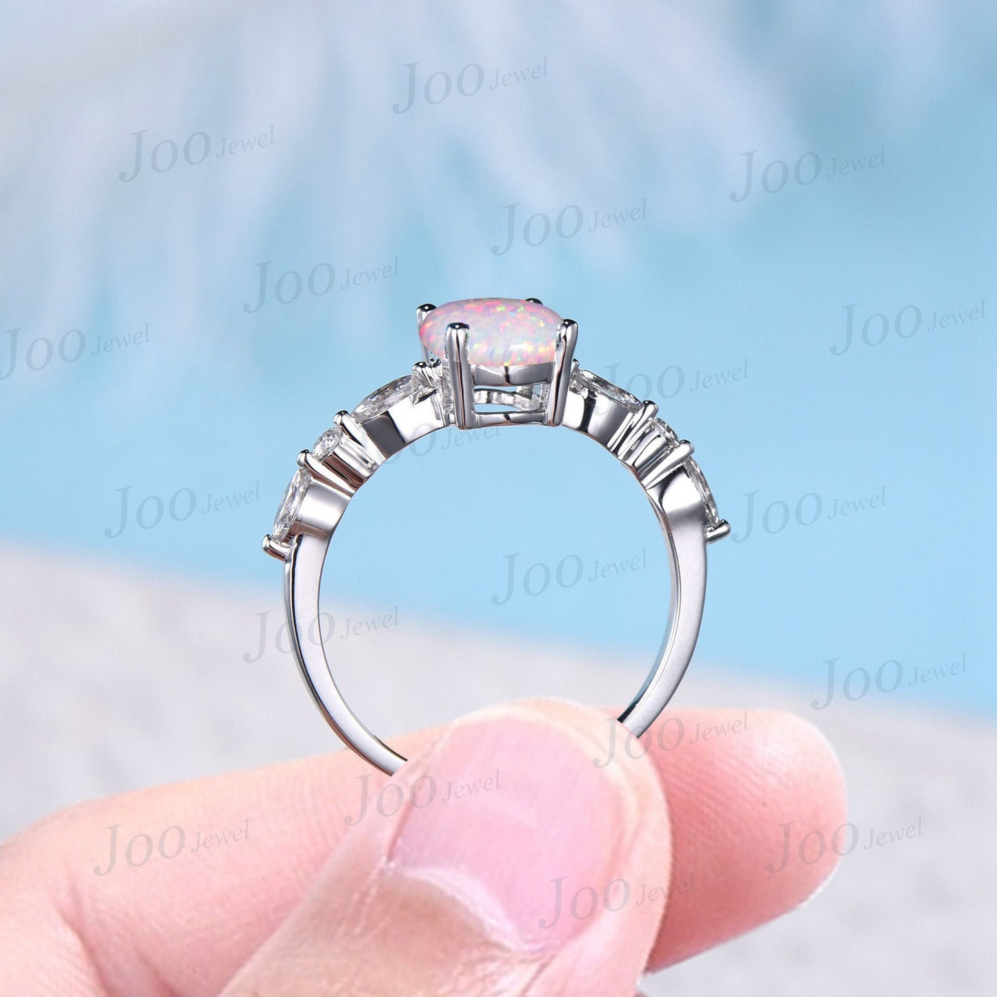 2ct Oval White Opal Engagement Ring Half Eternity Band Opal and Emerald Amethyst Wedding Ring Unique Anniversary Birthday Gift Platinum Ring