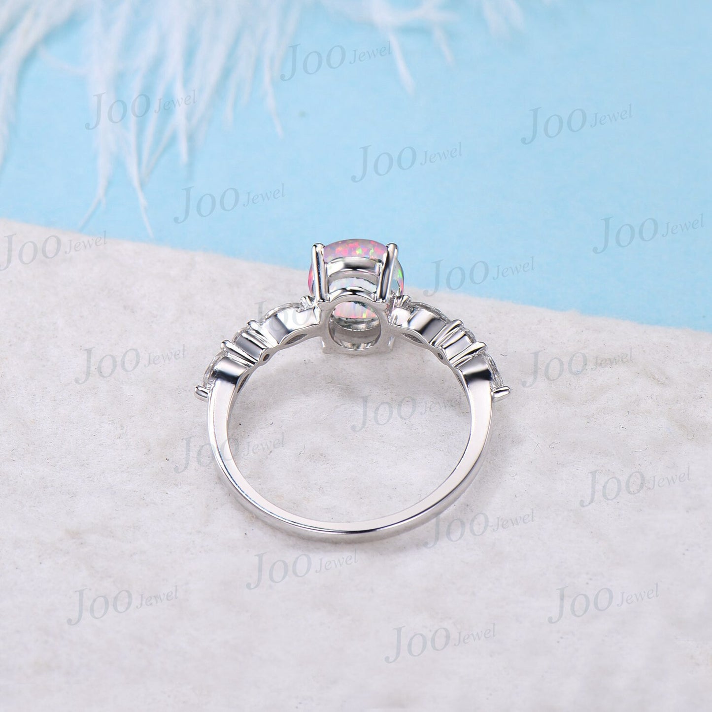 2ct Oval White Opal Engagement Ring Half Eternity Band Opal and Emerald Amethyst Wedding Ring Unique Anniversary Birthday Gift Platinum Ring