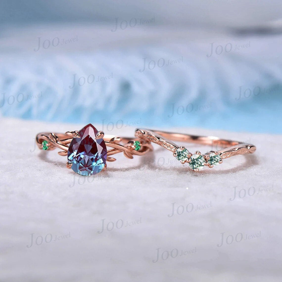 1.25ct Nature Inspired Pear Alexandrite Ring Set Twig Engagement Ring Set Green Emerald Branch Vine Moss Wedding Ring Alexandrite Bridal Set