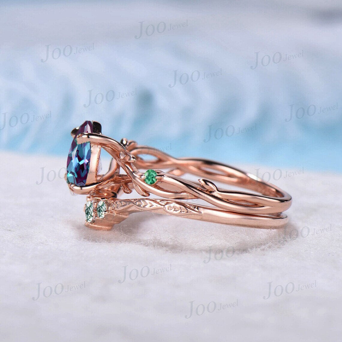 1.25ct Nature Inspired Pear Alexandrite Ring Set Twig Engagement Ring Set Green Emerald Branch Vine Moss Wedding Ring Alexandrite Bridal Set