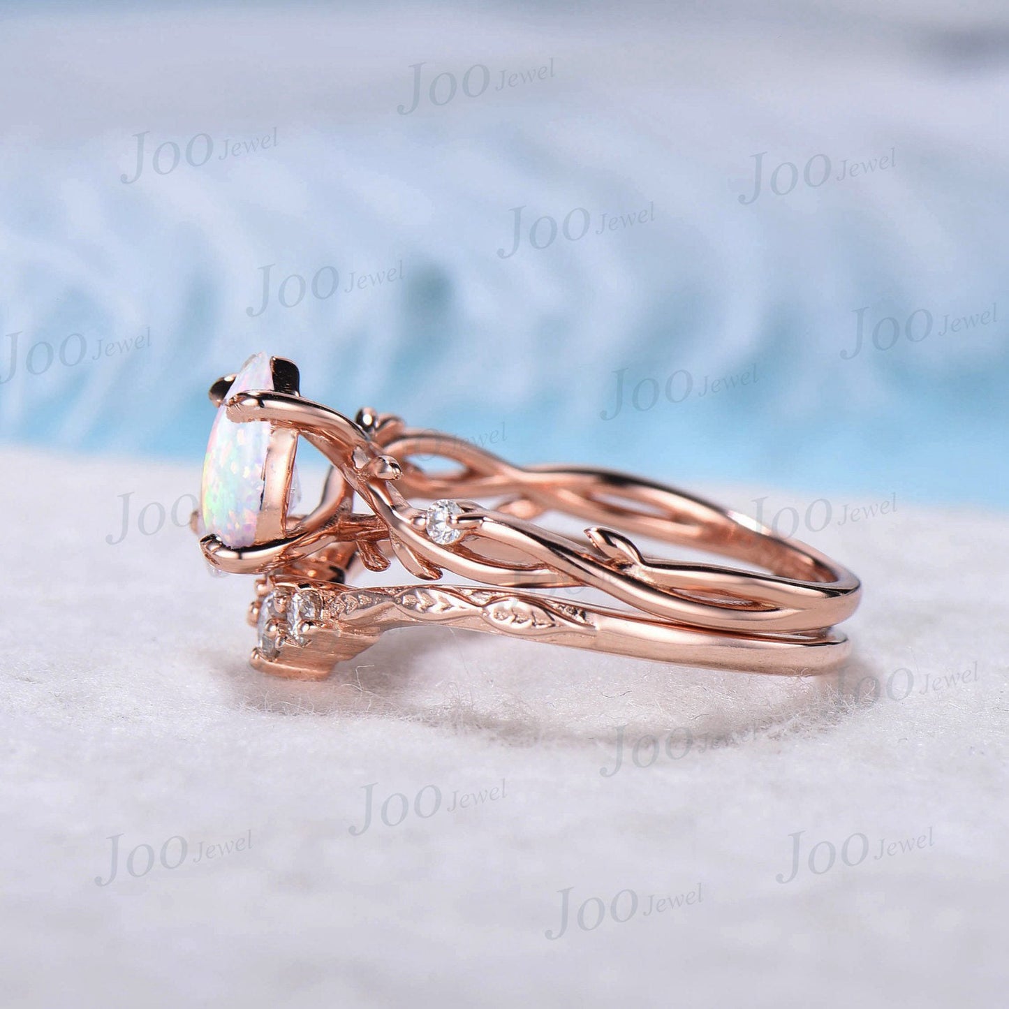 1.25ct Nature Inspired White Opal Ring 1.25ct Pear Shaped Opal Twig Engagement Ring Set Moissanite Branch Bridal Set October Birthstone Gift