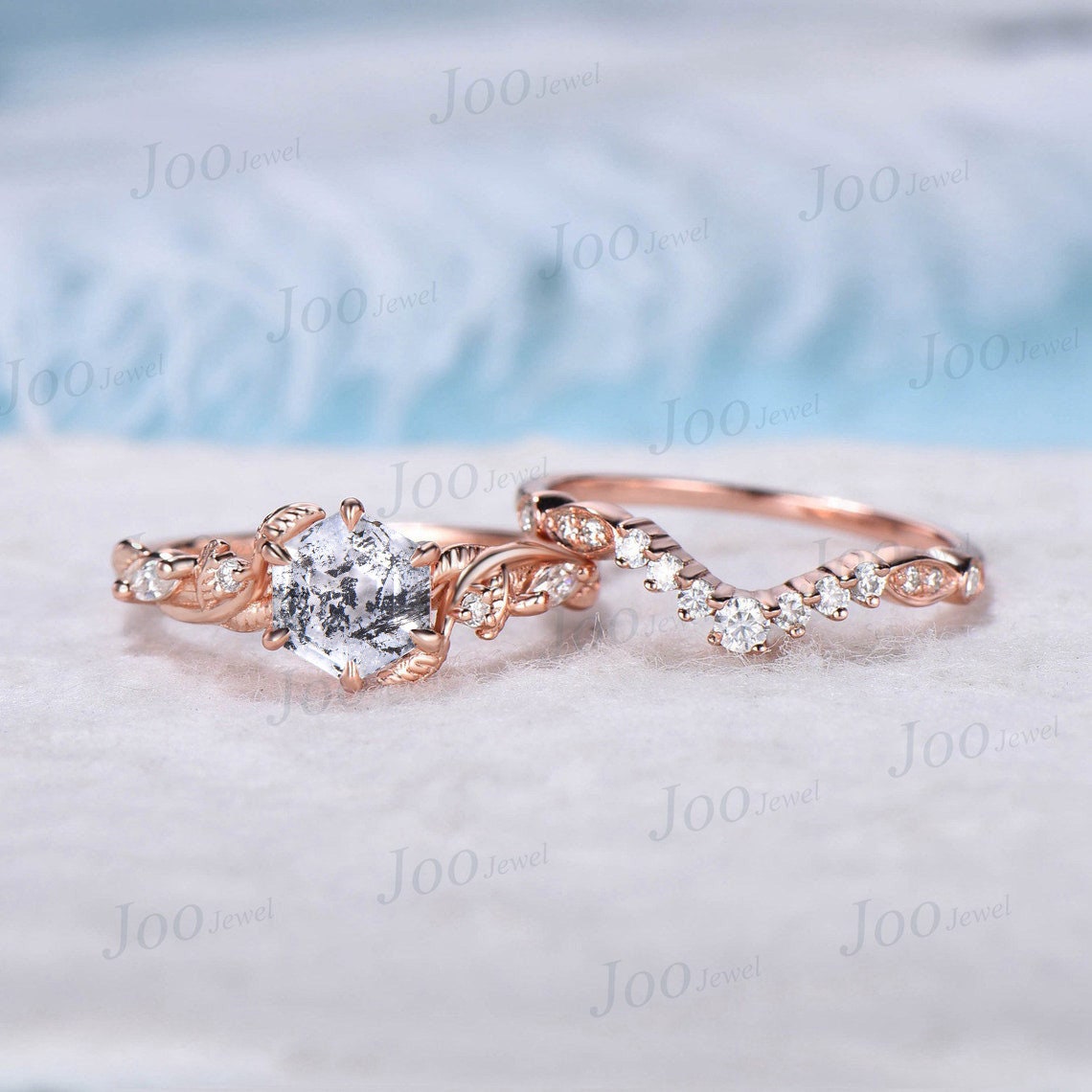 Nature Inspired Natural Herkimer Diamond Engagement Ring Set 10K Rose Gold 1ct Hexagon Herkimer Diamond Moissanite Twig Vine Leaf Bridal Set