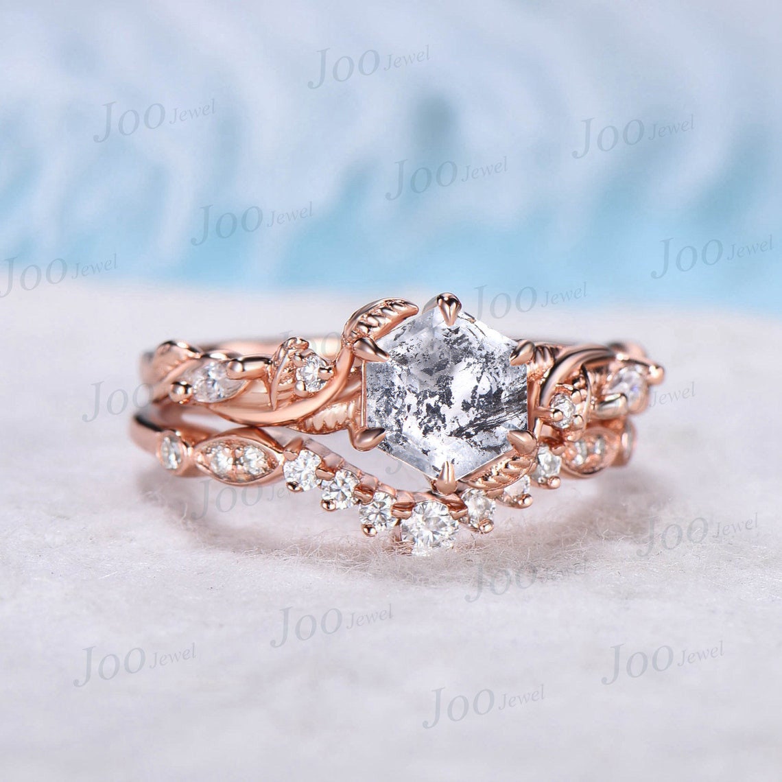 Nature Inspired Natural Herkimer Diamond Engagement Ring Set 10K Rose Gold 1ct Hexagon Herkimer Diamond Moissanite Twig Vine Leaf Bridal Set